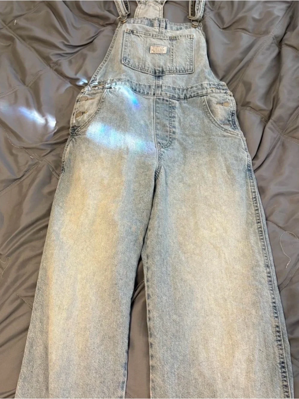 Vintage Light Blue Denim Overalls with Floral Patch - Men Jeans